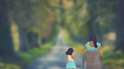 Allee mit Grafik einer Frau im Rollstuhl von Hinten mit kleinem Mädchen daneben 